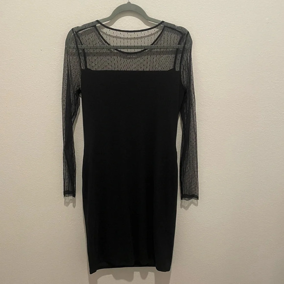 NWT Vince Camuto black dot mesh long sleeve mini dress with ruching medium - Picture 5 of 14